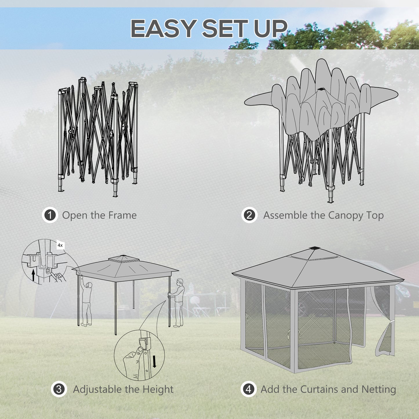 Outsunny 3.36 x 3.36m Pop Up Gazebo Party Tent with Solar-Powered LED Lights, Adjustable Event Shelter with Netting, Khaki
