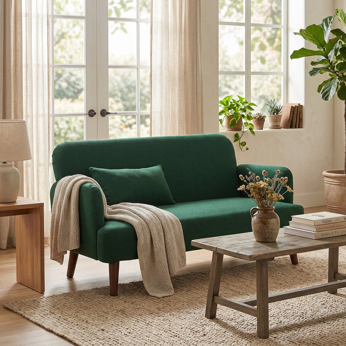 HOMCOM Velvet Feel Fabric 2 Seater Sofa, Small Sofa Loveseat with 21cm Thick Padding and Wood Legs, Dark Green