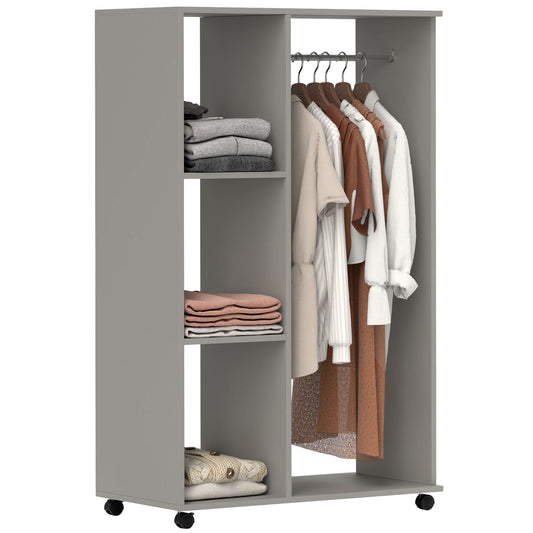 Photo of HOMCOM Open Wardrobe on Wheels, Bedroom Wardrobe with Clothes Hanging Rail, 3 Storage Shelves, Mobile Garment Rack for Cloakroom, Hallway, Grey in Grey colour on a white background