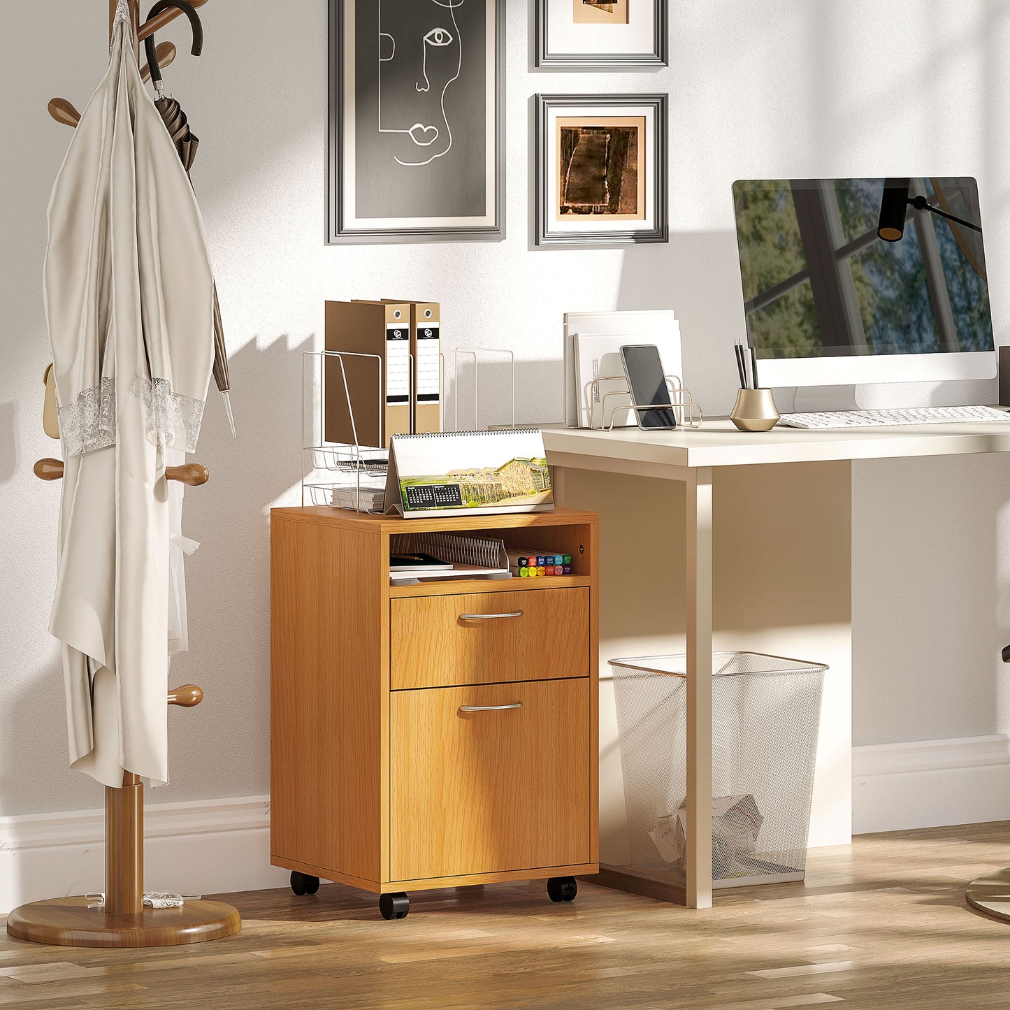 HOMCOM Filing Cabinet, Mobile File Cabinet with 2 Lockable Drawers, Office Home Organiser on Wheels for A4, Letter-Size File Folders, Mobile Printer with Open Shelf, Natural Wood Finish