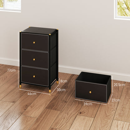 Three-drawer chest with a removable drawer shown beside it; dimensions marked