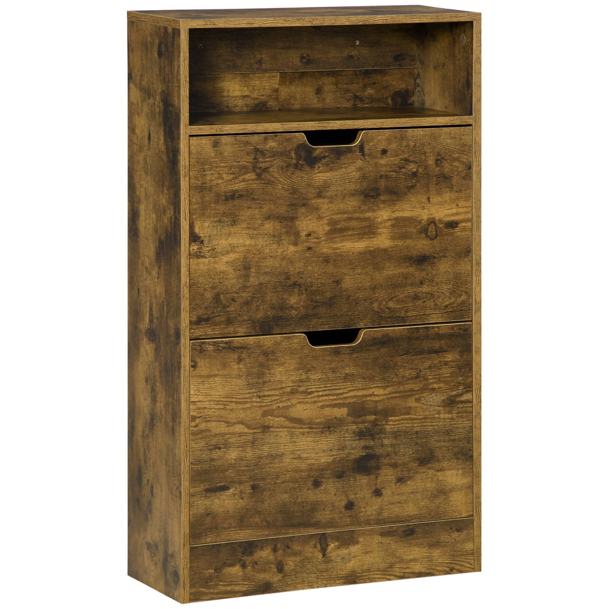 Photo of HOMCOM Shoe Cabinet with 2 Flip Doors, Slim 2-Drawer Shoe Cupboard with Adjustable Divider and Open Compartment for 12 Pairs of Shoes, Entryway Storage Unit, Rustic Brown in Brown colour on a white background