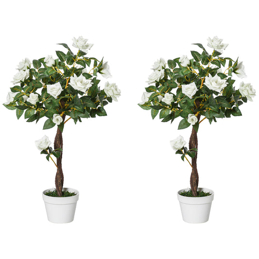 Photo of Outsunny Set of 2 Artificial Plants White Rose Floral in Pot, Fake Plants for Home Indoor Outdoor Decor, 90cm in 90cm colour on a white background