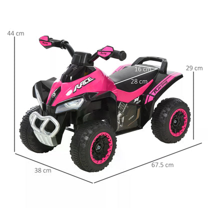 Pink and black ride-on toy motorcycle with dimensions marked: 67.5 cm long, 38 cm wide, 44 cm high