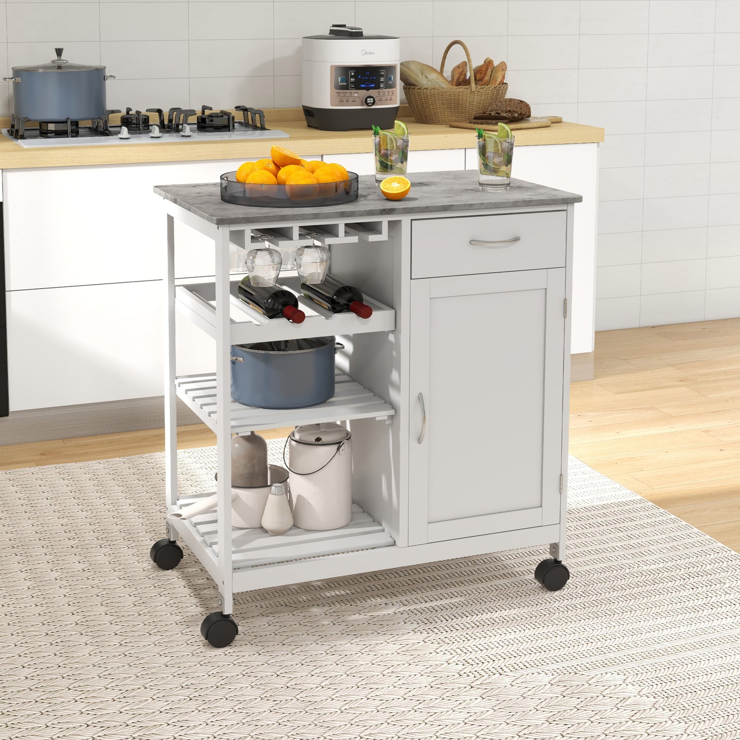 HOMCOM Kitchen Trolley with Wine Rack, Drawer, Open Shelf and Storage Cabinet for Dining Room, White