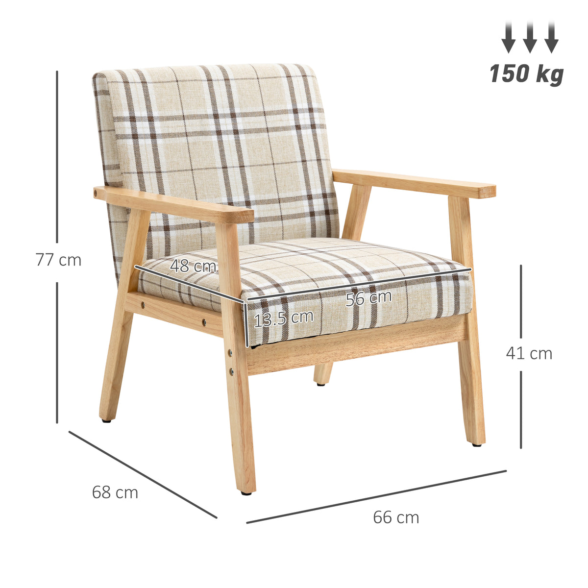 HOMCOM plaid armchair with wood frame and labeled dimensions