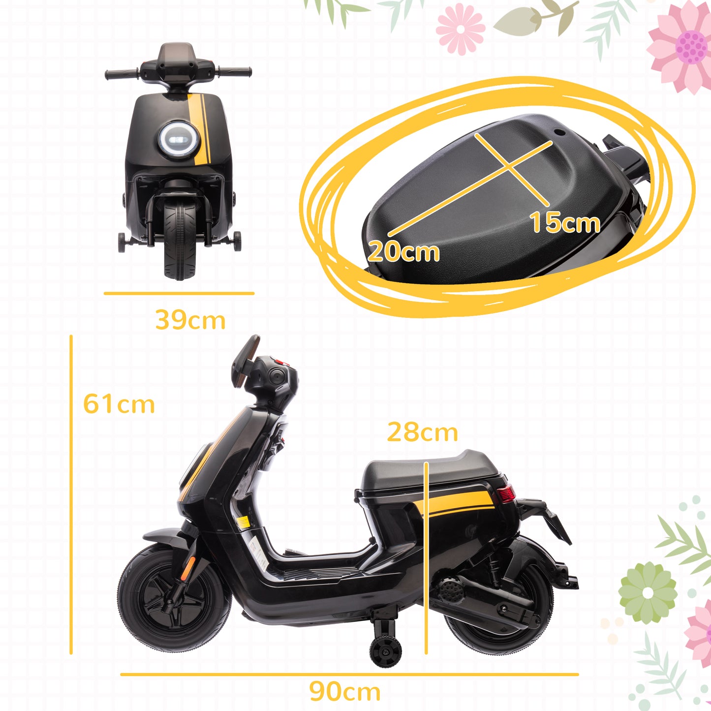 AIYAPLAY 6V Ride on Motorbike, Kids Electric Motorbike w/ Headlights, Music, Training Wheels, for Ages 18-36 Months, Black