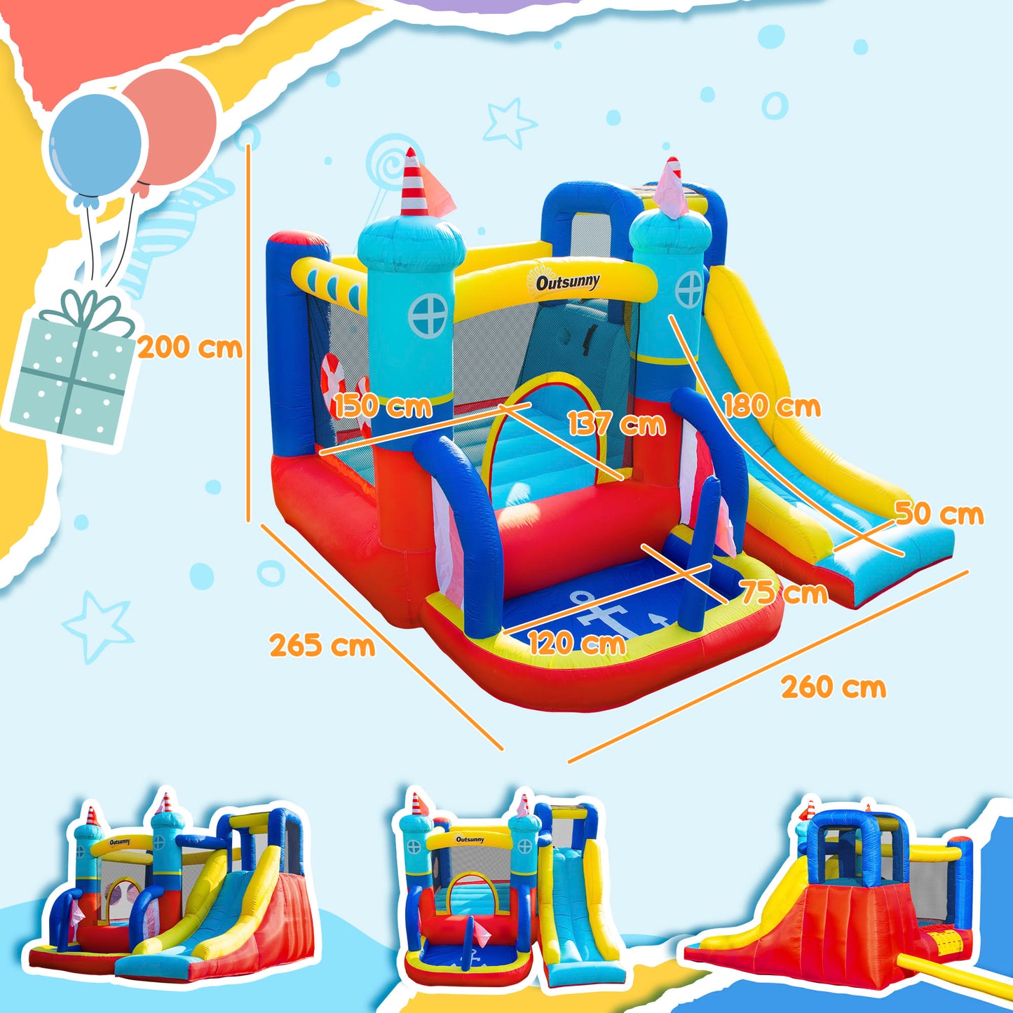 Outsunny Kids Bouncy Castle, 4 in 1 Large Sailboat Style Inflatable House Slide Trampoline Water Pool Climbing Wall with Blower Carrybag for Kids Age 3-8, 2.65 x 2.6 x 2m