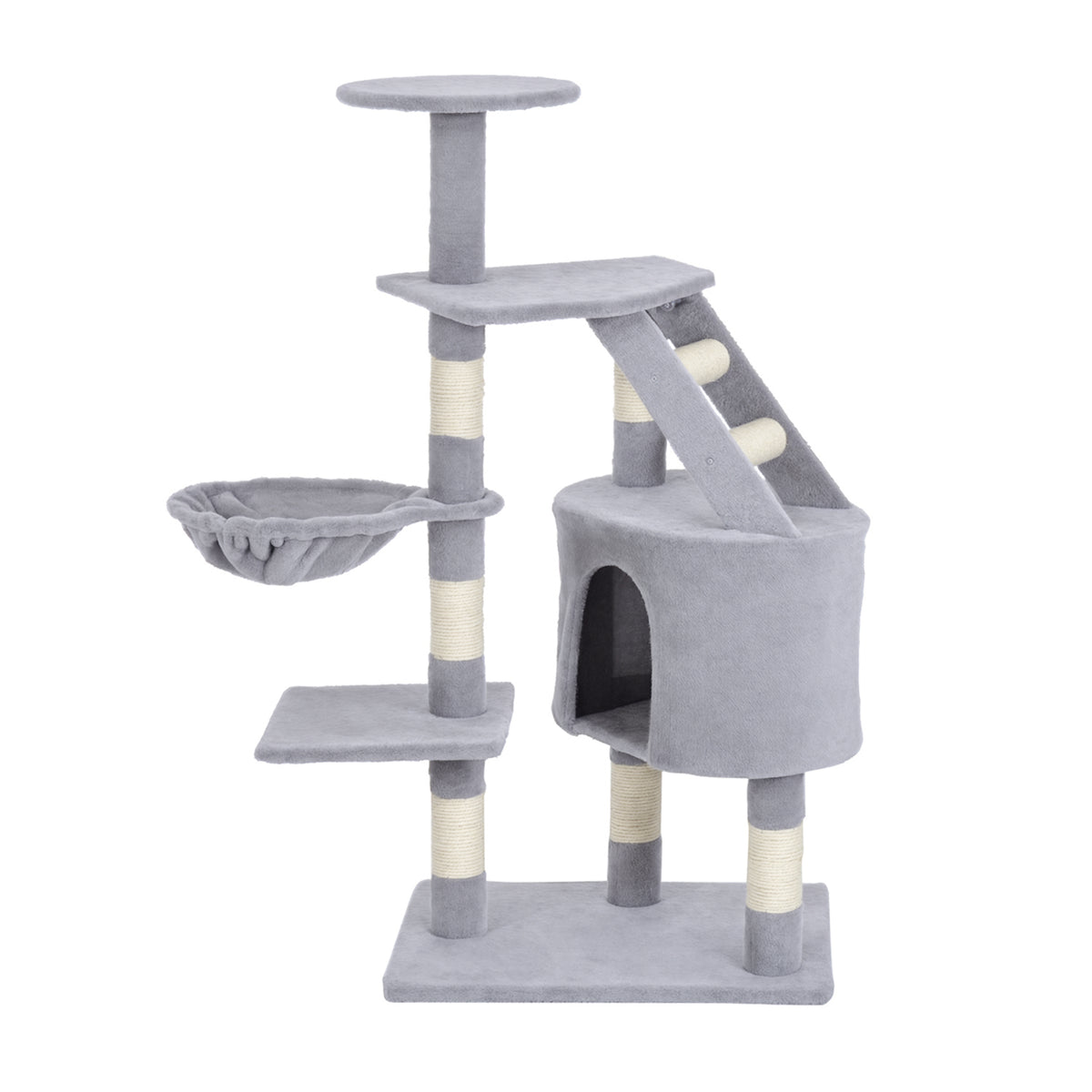 PawHut gray cat tree with plush platforms, basket, condo, sisal posts, and ladder