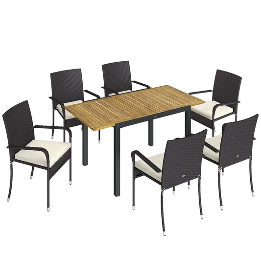 Photo of Outsunny 7 Piece Rattan Garden Furniture Set, 6 Seater Garden Table and 6 Stackable Chairs with Extendable Acacia Wood Tabletop in Tabletop colour on a white background