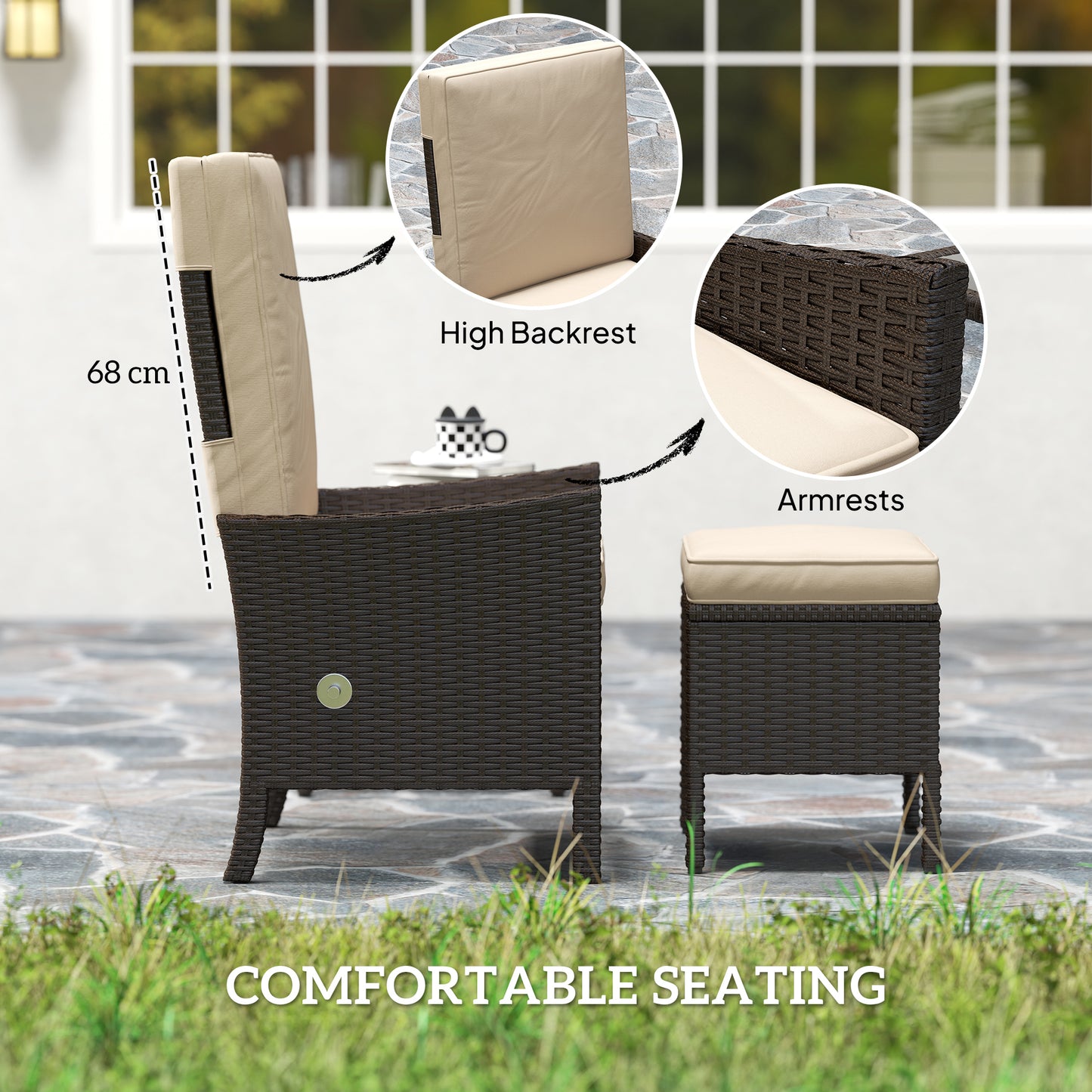 Outsunny 5 Piece Rattan Garden Furniture Set, Wicker Patio Sofa Set with 2 Armchairs, 2 Footstools, Glass Top Coffee Table with Shelf, Outdoor Furniture with Adjustable Backrests, Cushions, Khaki