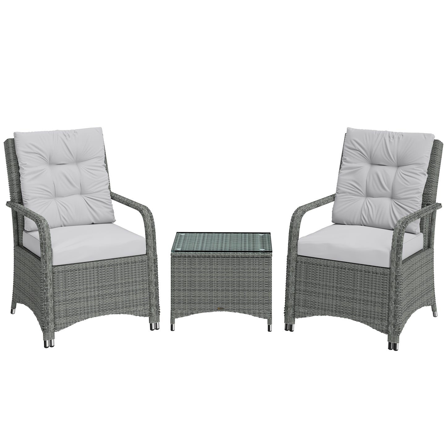 Photo of Outsunny 3 Pieces Rattan Bistro Set, Wicker Garden Furniture Set with Metal Frame, Cover, Glass Top Coffee Table, Light Grey in Grey colour on a white background
