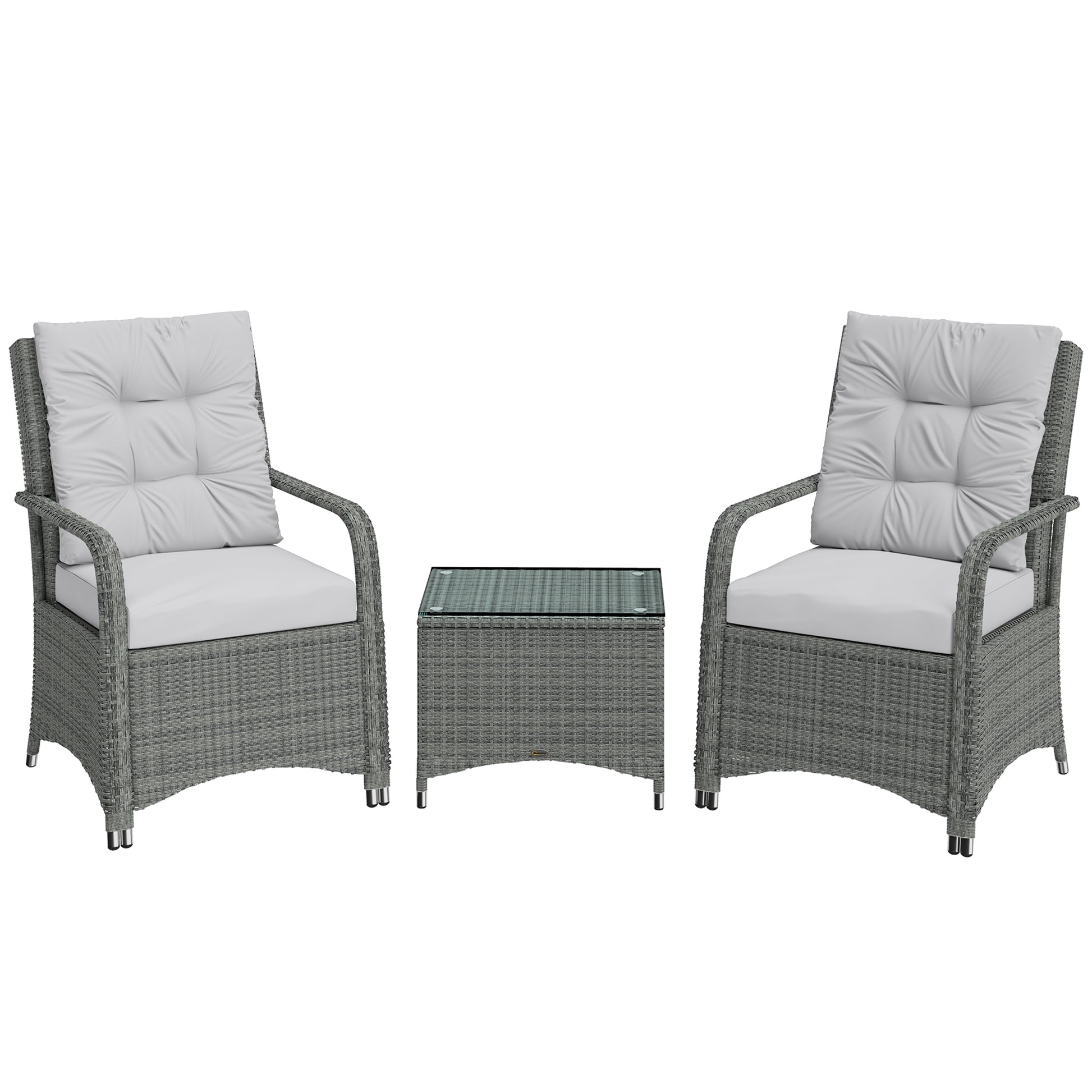 Photo of Outsunny 3 Pieces Rattan Bistro Set, Wicker Garden Furniture Set with Metal Frame, Cover, Glass Top Coffee Table, Light Grey in Grey colour on a white background