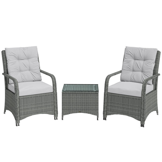 Photo of Outsunny 3 Pieces Rattan Bistro Set, Wicker Garden Furniture Set with Metal Frame, Cover, Glass Top Coffee Table, Light Grey in Grey colour on a white background