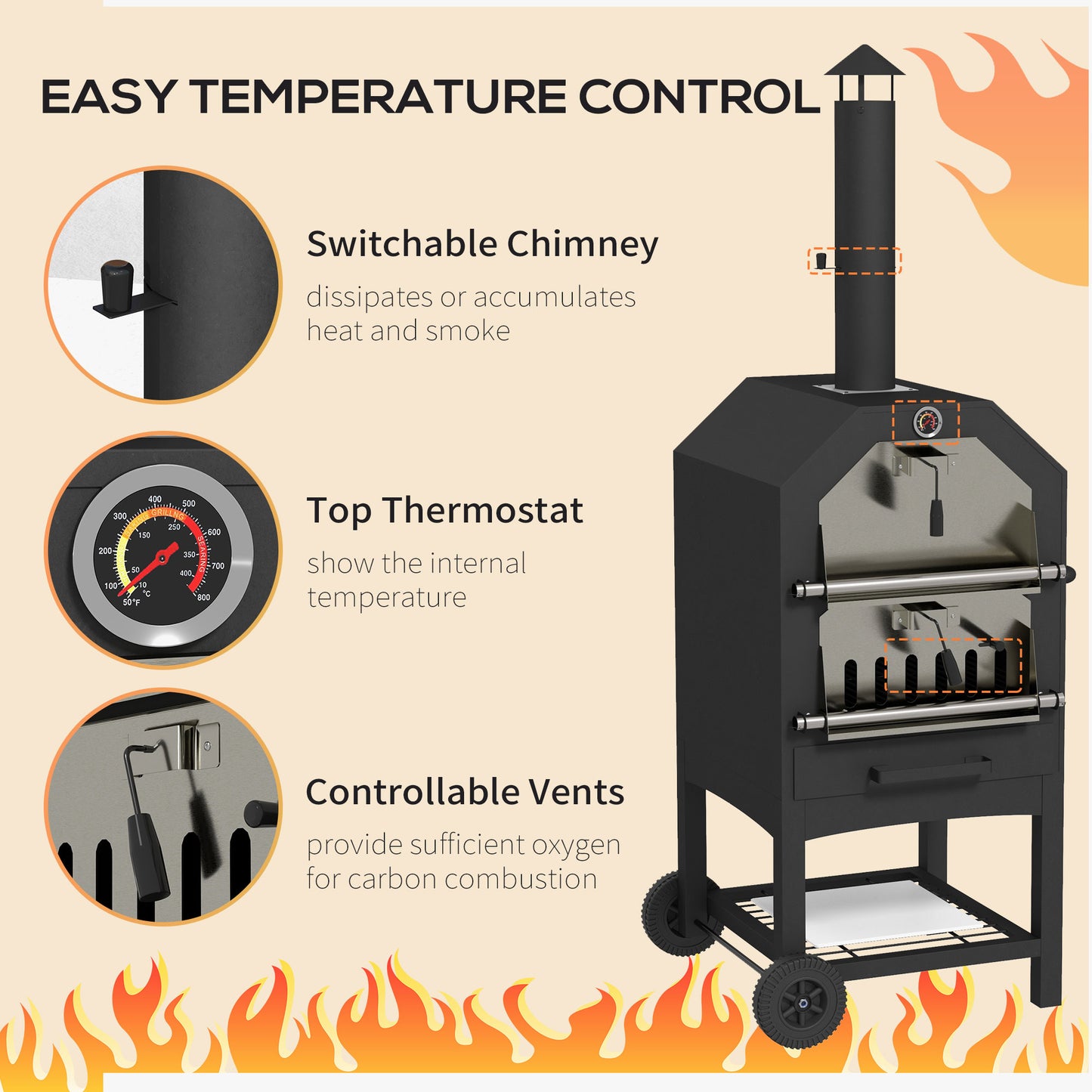 Outsunny Steel 3-Tier Outdoor Pizza Oven Charcoal BBQ Grill, Black