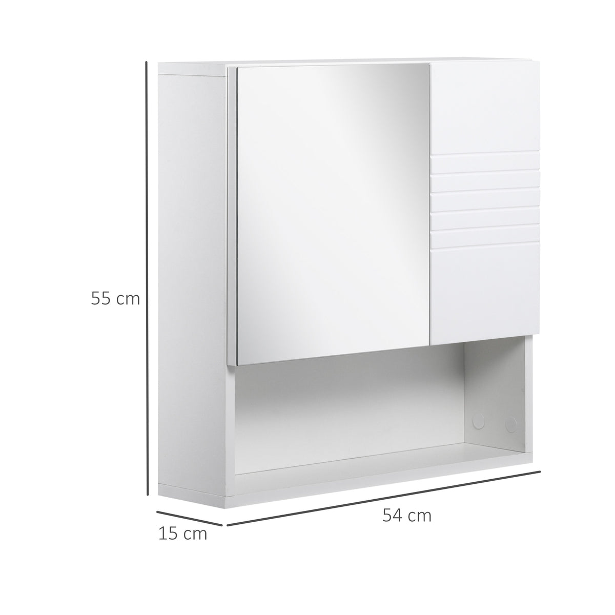 White mirror cabinet with open lower shelf, shown with dimensions of 54 by 55 by 15 cm