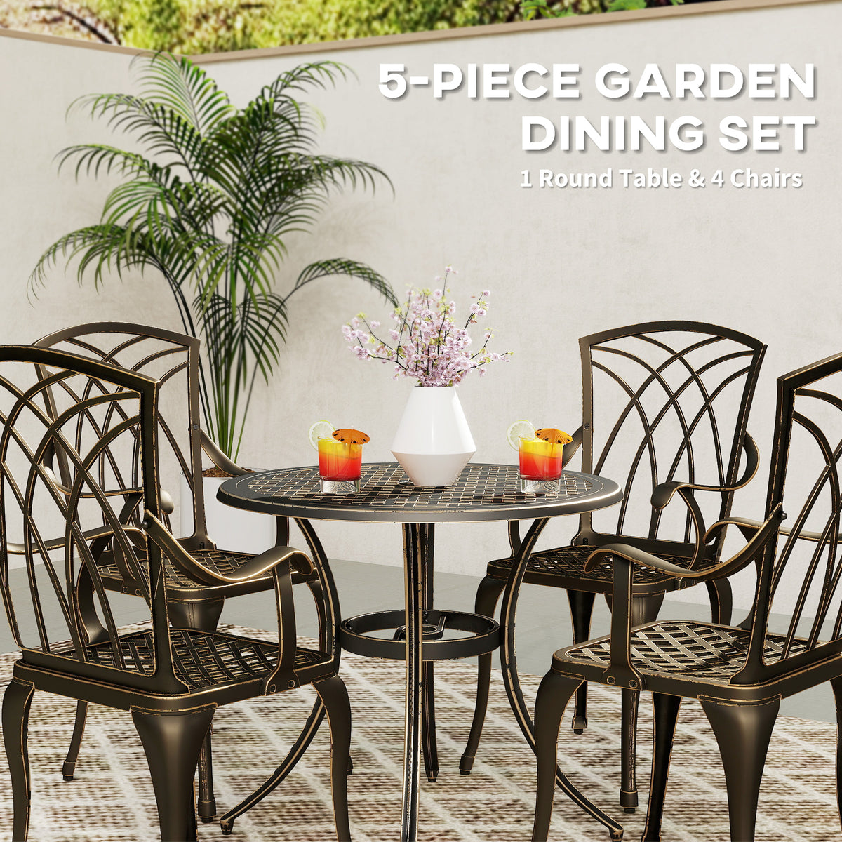 Outsunny five-piece garden dining set with round table and four bronze-tone armchairs