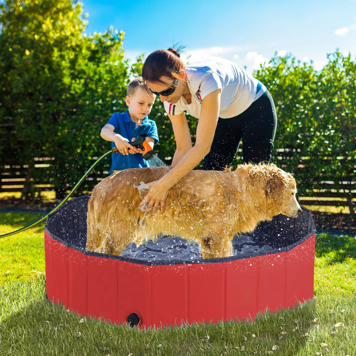 PawHut Foldable Dog Pool for Puppies and Ducks, Thickened PVC Dog Paddling Pool Bath Tub Hard Board, Anti-Slip Bottom and Drainage Hole, 120 x 30cm, Red and Blue
