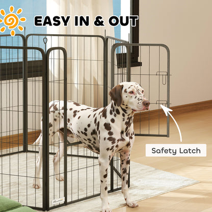 Black dog playpen with a hinged safety-latch door for easy access