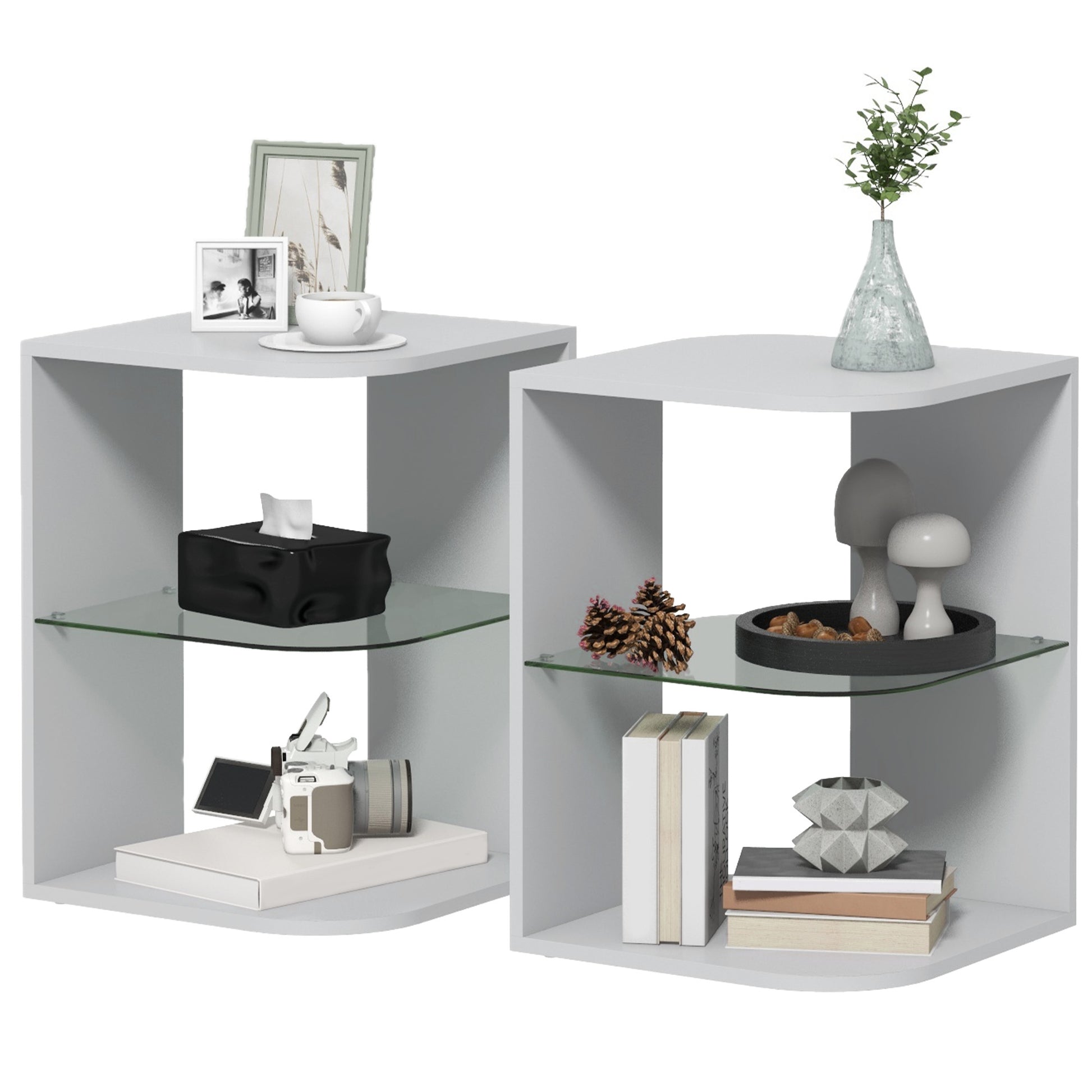 Photo of HOMCOM Modern Side Table Set of 2, Three Layer Bedside Table Nightstand with 2 Storage Shelves, for Living room, Bedroom, Grey in Grey colour on a white background