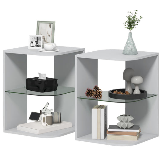 Photo of HOMCOM Modern Side Table Set of 2, Three Layer Bedside Table Nightstand with 2 Storage Shelves, for Living room, Bedroom, Grey in Grey colour on a white background