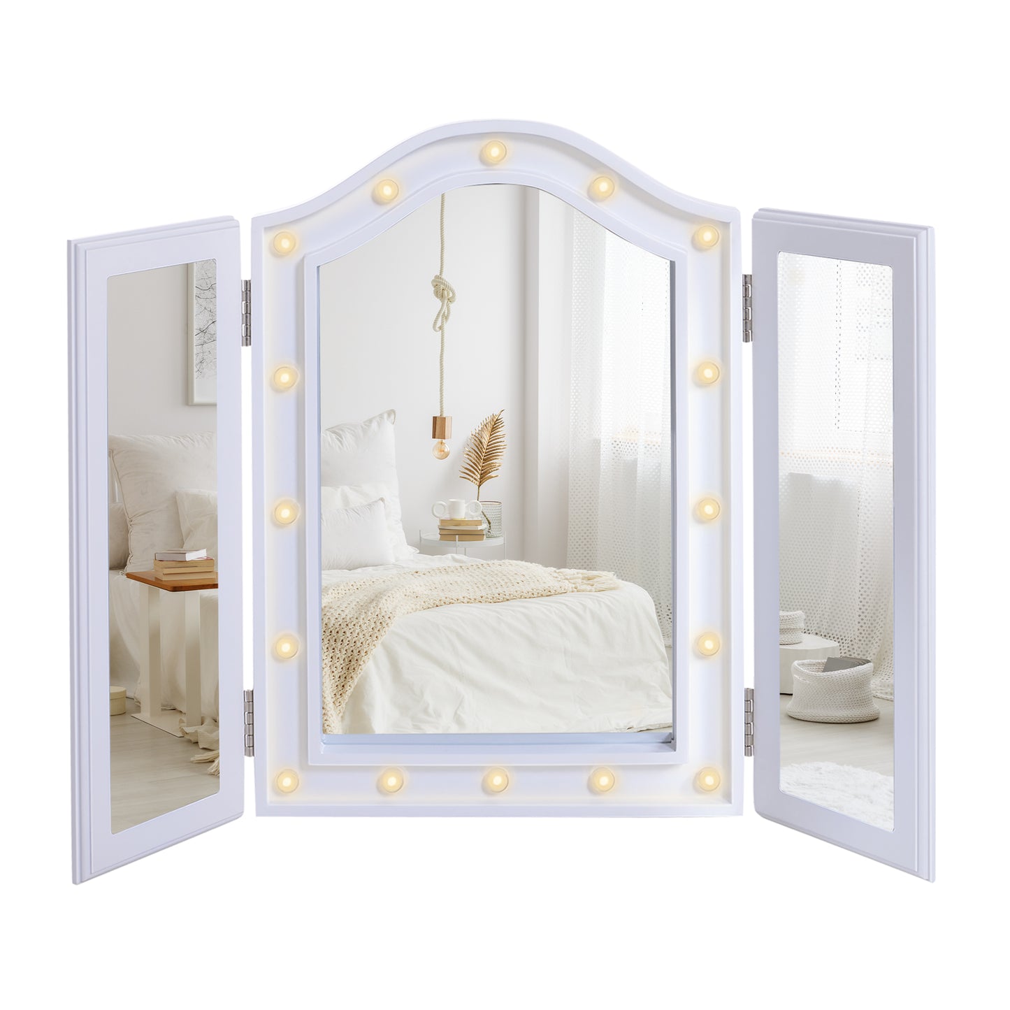 Photo of HOMCOM Trifold Tabletop Mirror, 73x53.5cm Makeup Mirror Large Cosmetic w/16 LED Lights Powered by Batteries, Foldable For Bedroom, White in White colour on a white background