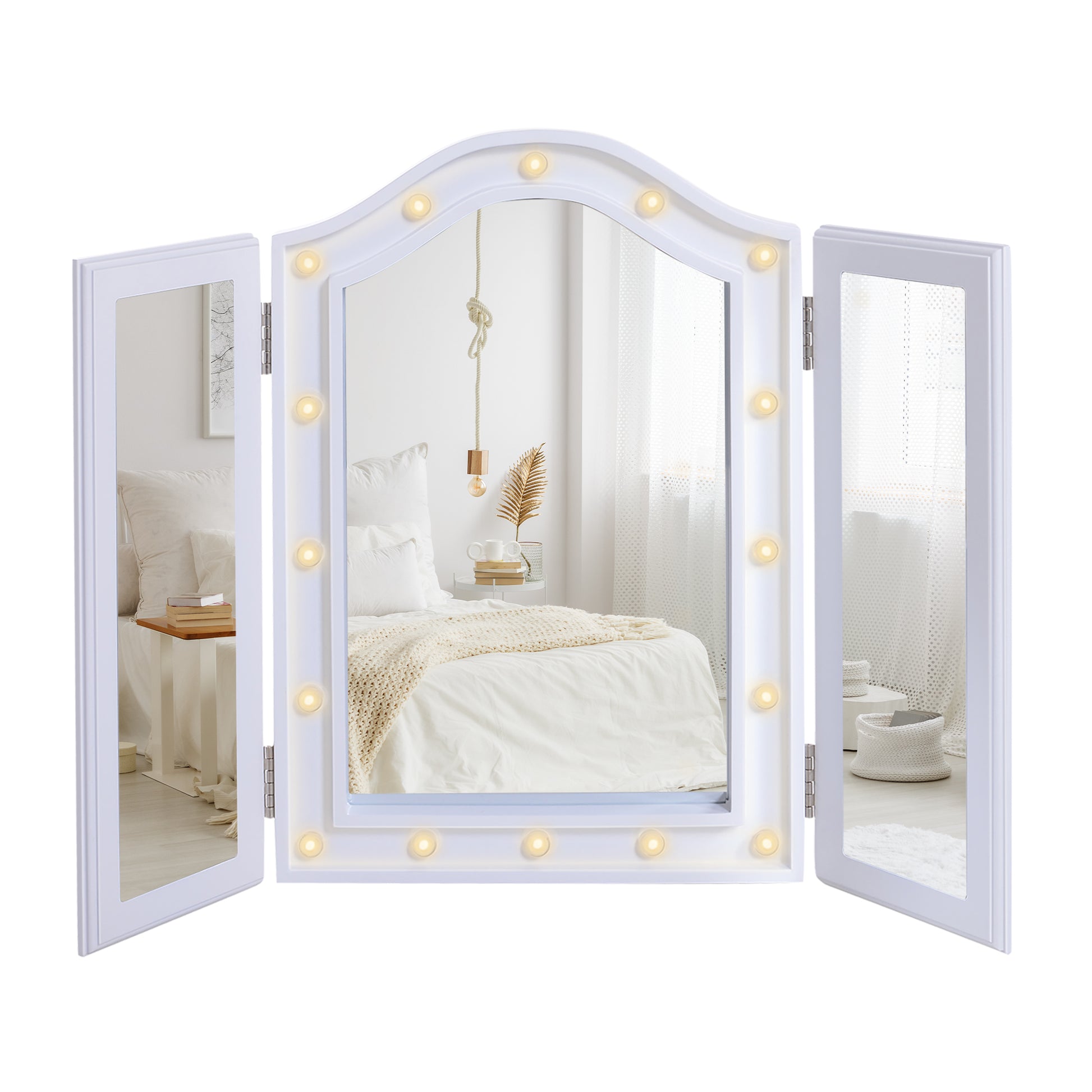 Photo of HOMCOM Trifold Tabletop Mirror, 73x53.5cm Makeup Mirror Large Cosmetic w/16 LED Lights Powered by Batteries, Foldable For Bedroom, White in White colour on a white background