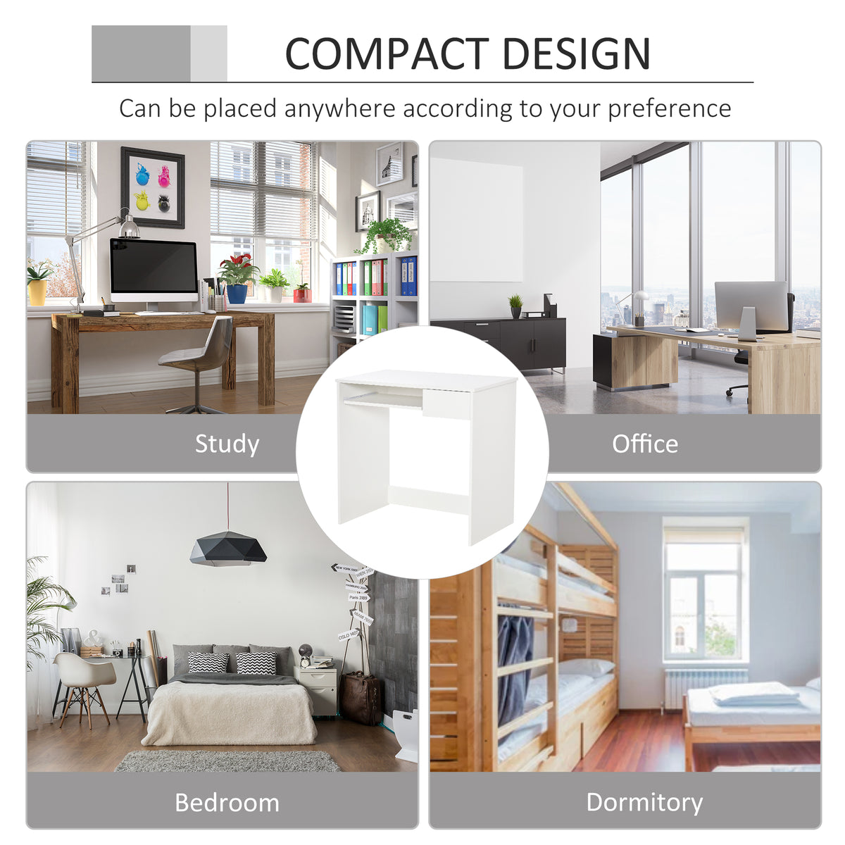 Compact white computer desk shown in study, office, bedroom, and dorm settings