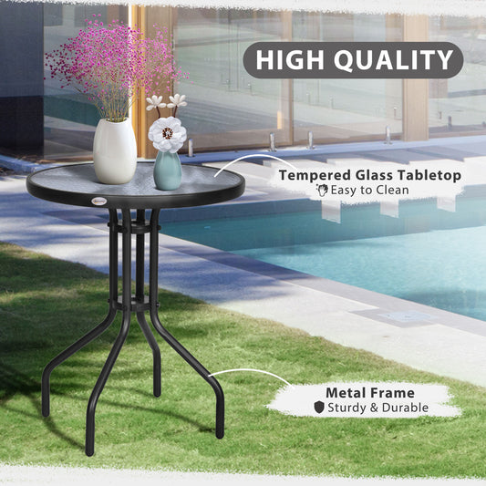 Outsunny round glass-top table with black metal frame and three vertical support bars