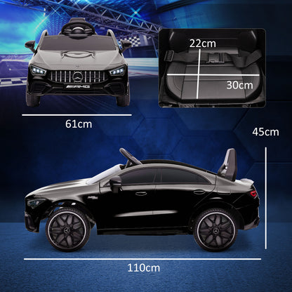 Black Mercedes-Benz AMG CLA 45 ride-on car with dimensions and seat measurements