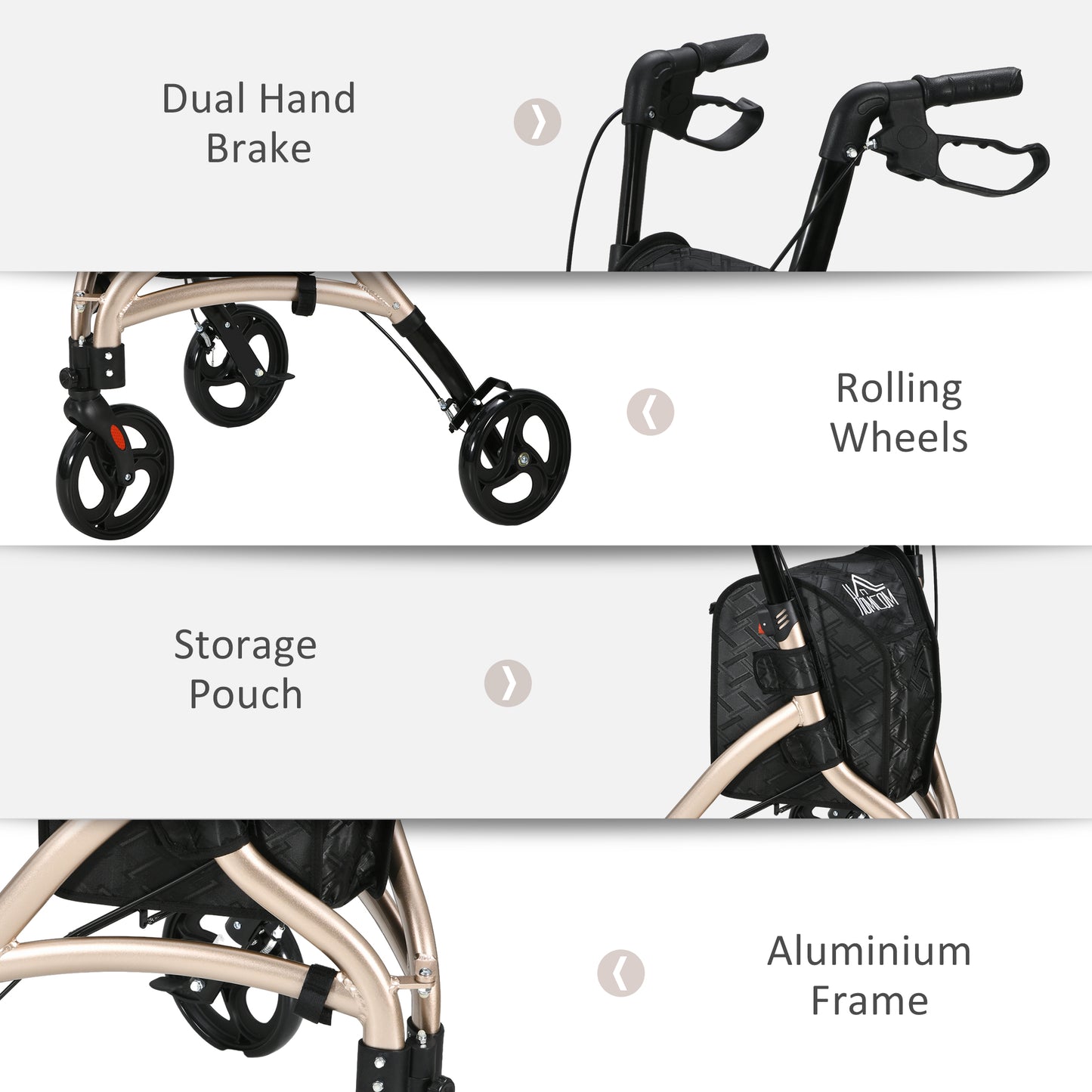 HOMCOM 3 Wheel Rollator, Lightweight Aluminium Tri Walker with Adjustable Handle, Storage Bag and Dual Brakes, 5.3kg, Gold Tone