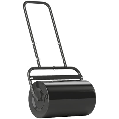 Black steel lawn roller with a cylindrical drum and tall handle