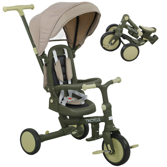 Photo of AIYAPLAY 5 in 1 Kids Trike with Adjustable Backrest, Toddler Tricycle with Push Handlebar, Adjustable Backrest, Dark Green in Green colour on a white background