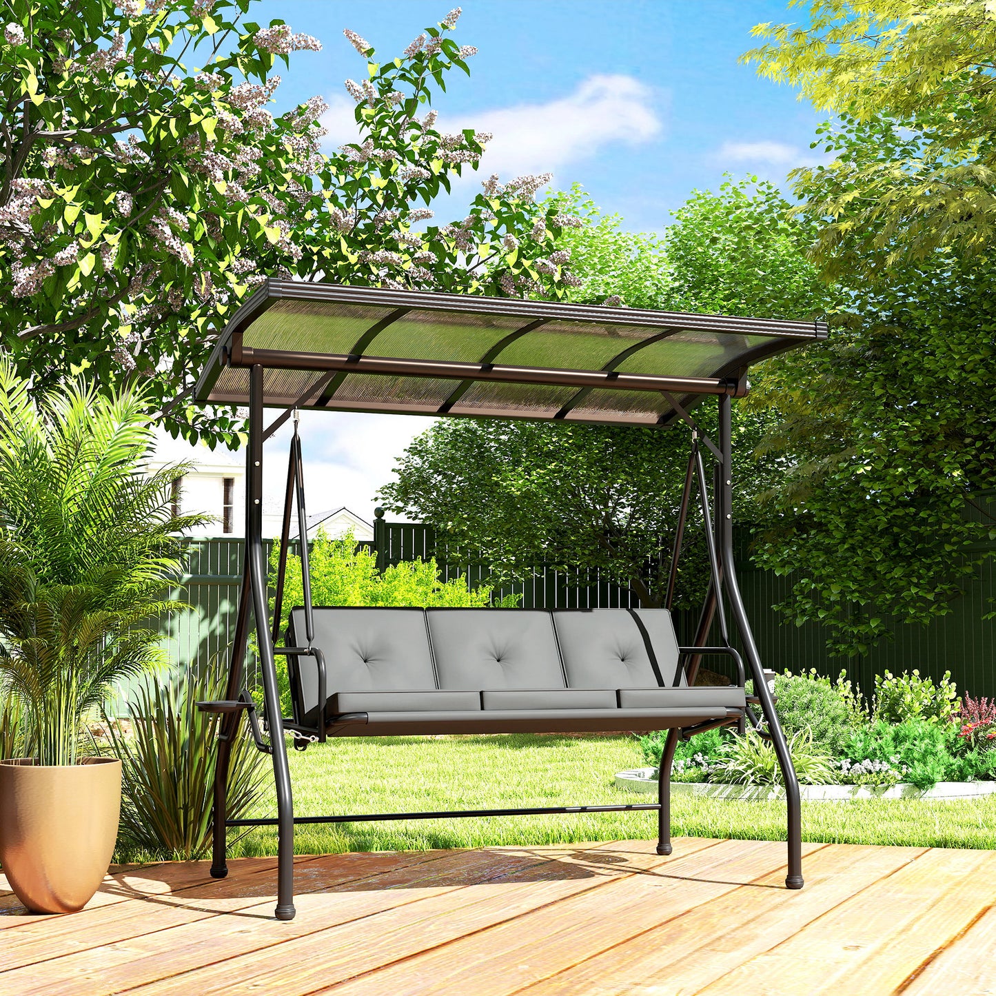 Outsunny Convertible Three-Seater Swing Bench Bed - Dark Grey