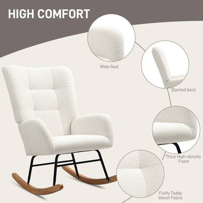 Rocking chair with wide seat, slanted back, thick foam, and teddy fleece upholstery