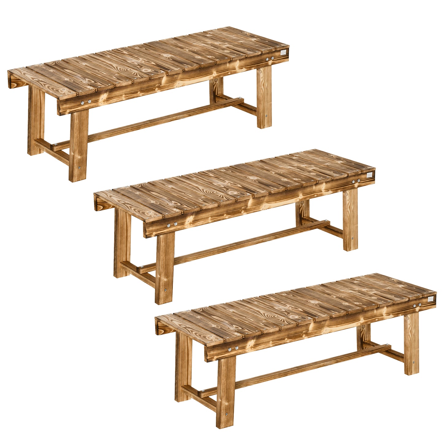 Photo of Outsunny Wooden Garden Benches, 2 Seater Outdoor Benches, Fir Wood Backless Patio Loveseat with Slatted Seat for Park, 110 x 38 x 35 cm, 3 Pieces, Carbonised in Carbonised colour on a white background