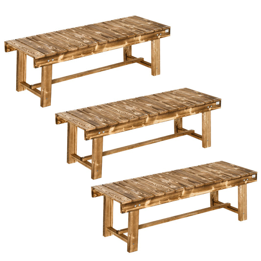 Photo of Outsunny Wooden Garden Benches, 2 Seater Outdoor Benches, Fir Wood Backless Patio Loveseat with Slatted Seat for Park, 110 x 38 x 35 cm, 3 Pieces, Carbonised in Carbonised colour on a white background