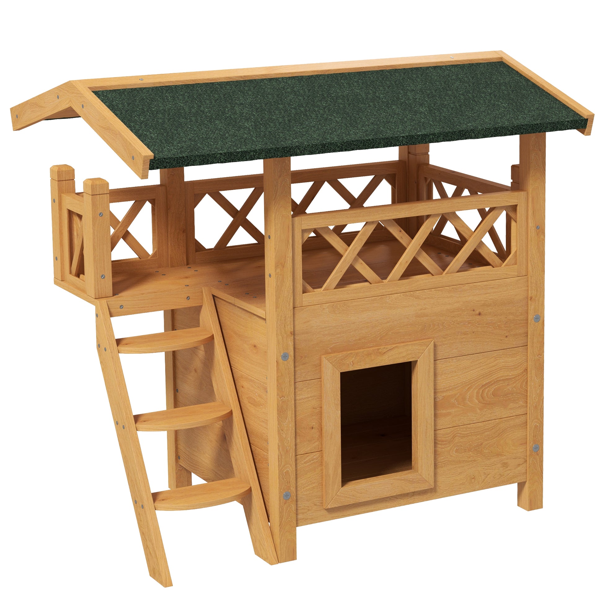 Photo of PawHut Cat House Outdoor w/ Balcony Stairs Roof, 77 x 50 x 73 cm, Natural Wood Finish in Finish colour on a white background