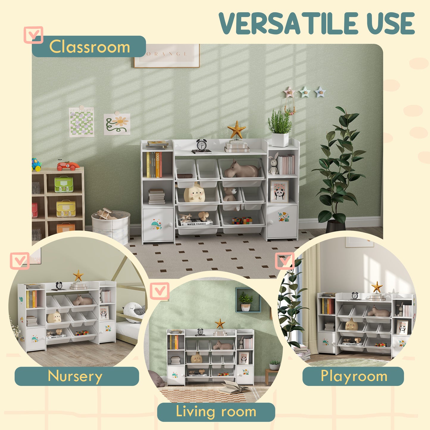 AIYAPLAY Kids Toy Organizers and Storage with 8 Removable Storage Bins and Bookshelf, White
