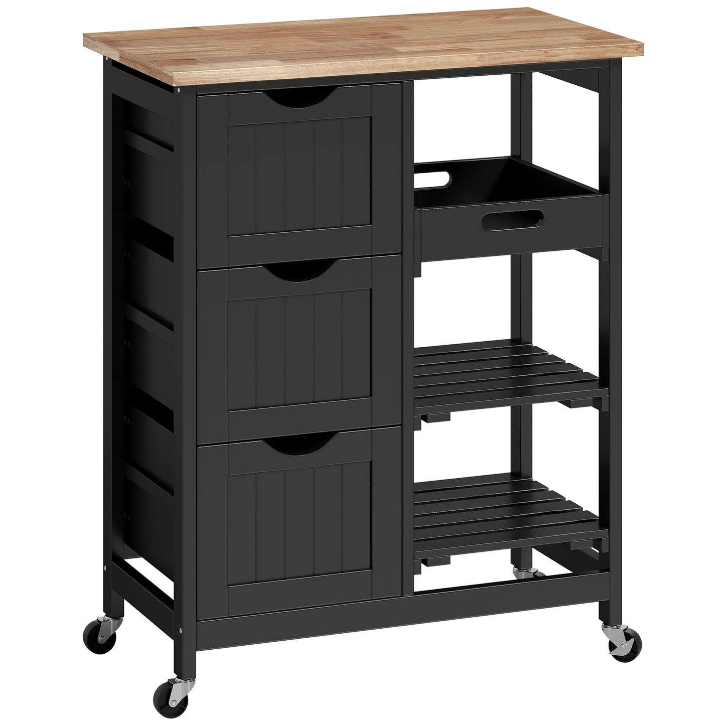 Photo of HOMCOM Rolling Kitchen Island Cart, Bar Serving Cart, Compact Trolley on Wheels with Wood Top, Shelves & Drawers for Home Dining Area, Black in Black colour on a white background
