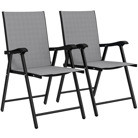 Photo of Outsunny Folding Garden Chairs Set of 2, Foldable Garden Dining Chairs with High Back, Armrests, Texteline Seat, Light Grey in Grey colour on a white background