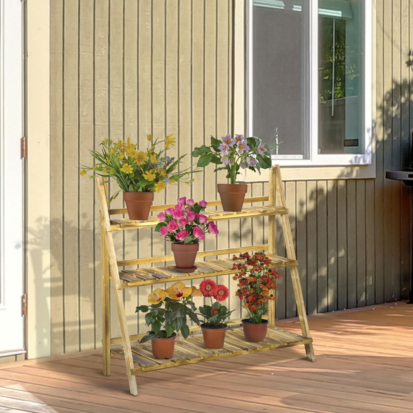 Outsunny Wooden Folding Flower Pot Stand 3 Tier Garden Planter Display Ladder Gardener Storage Shelves Rack Herb Holder (100L x 37W x 93H cm)