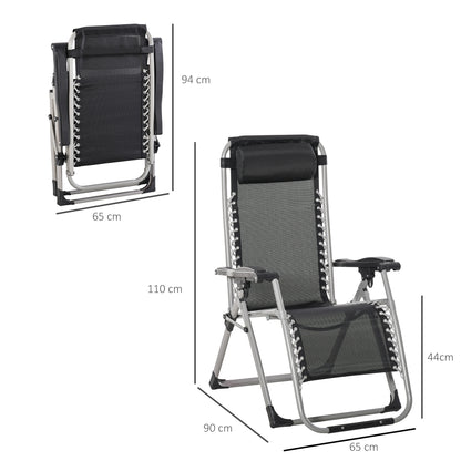 Folding zero-gravity lounger shown open and folded, with dimensions marked