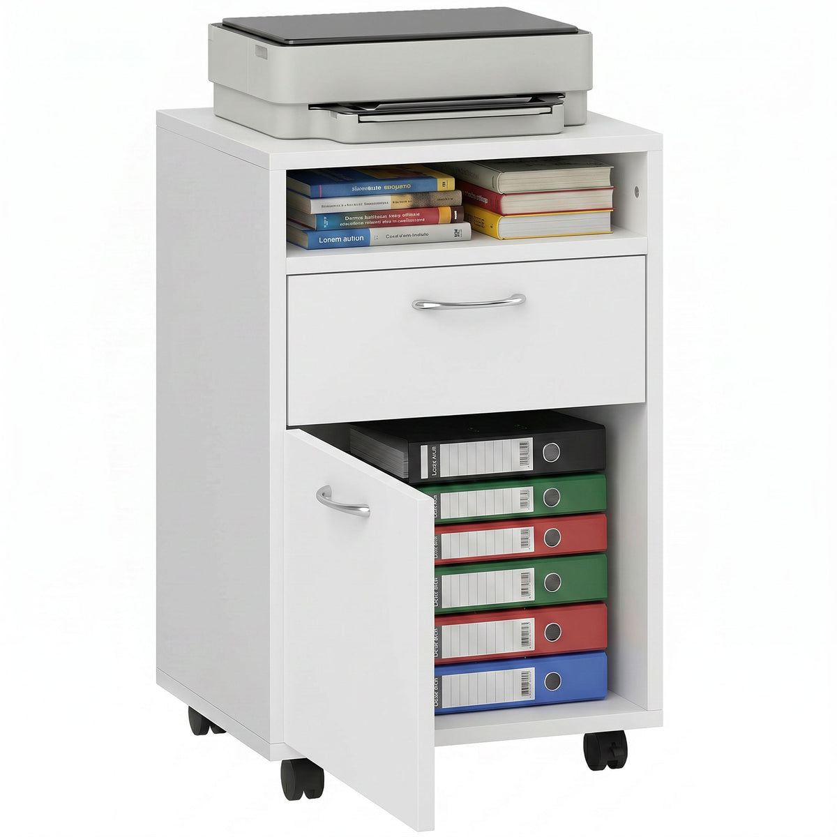 White mobile filing cabinet with printer on top, open shelf, drawer, and lower storage