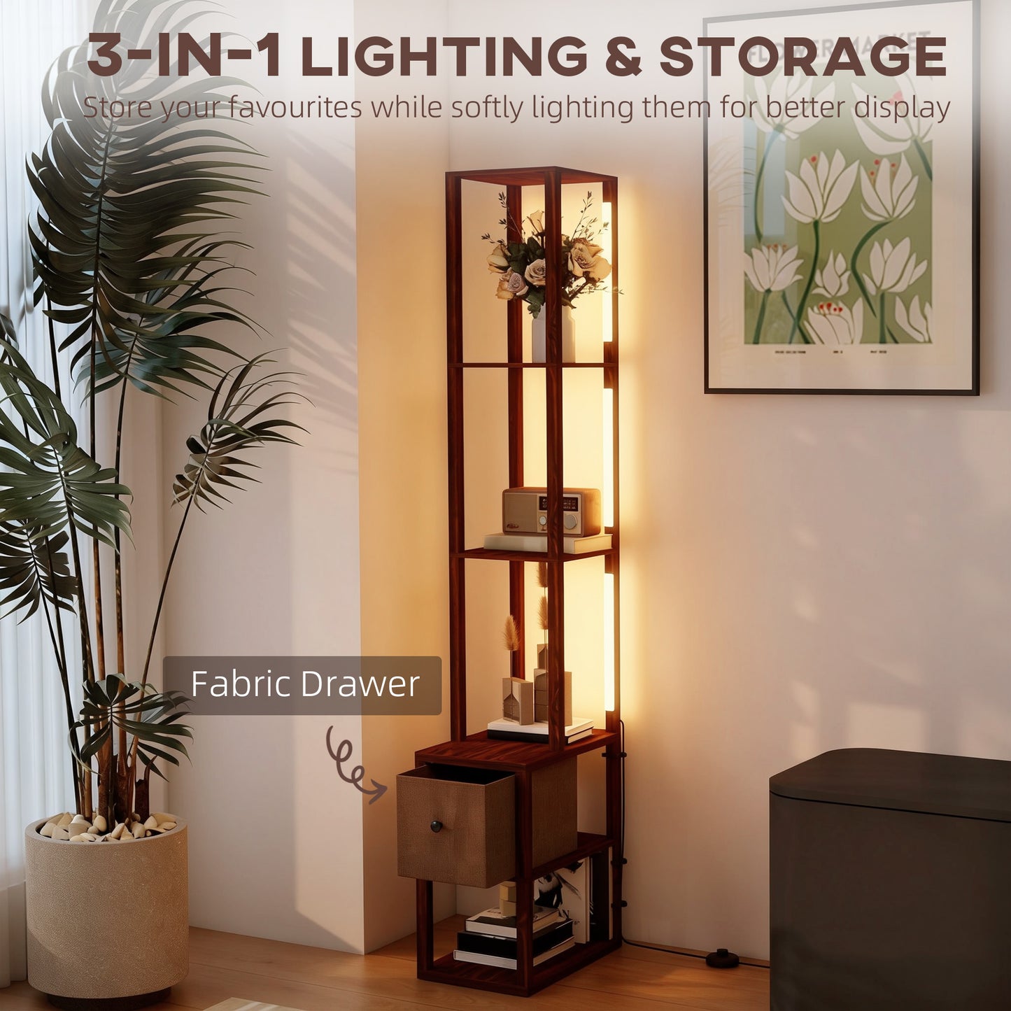 HOMCOM Floor Lamp with Shelves, LED Column Modern Standing Lamp with Fabric Drawer, Adjustable Brightness, Foot Switch for Living Room, Bedroom, Office, Dark Brown