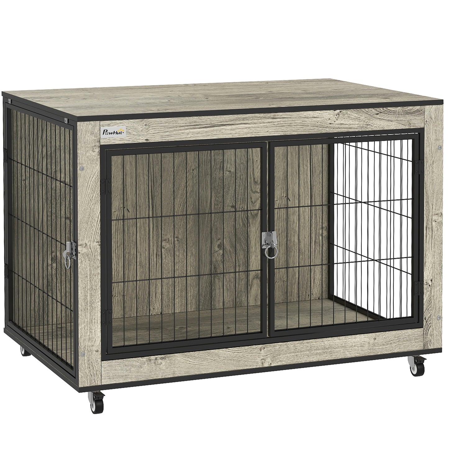 Photo of PawHut Dog Crate Furniture with Wheels, Double Doors, for Medium Dogs, Grey in Grey colour on a white background