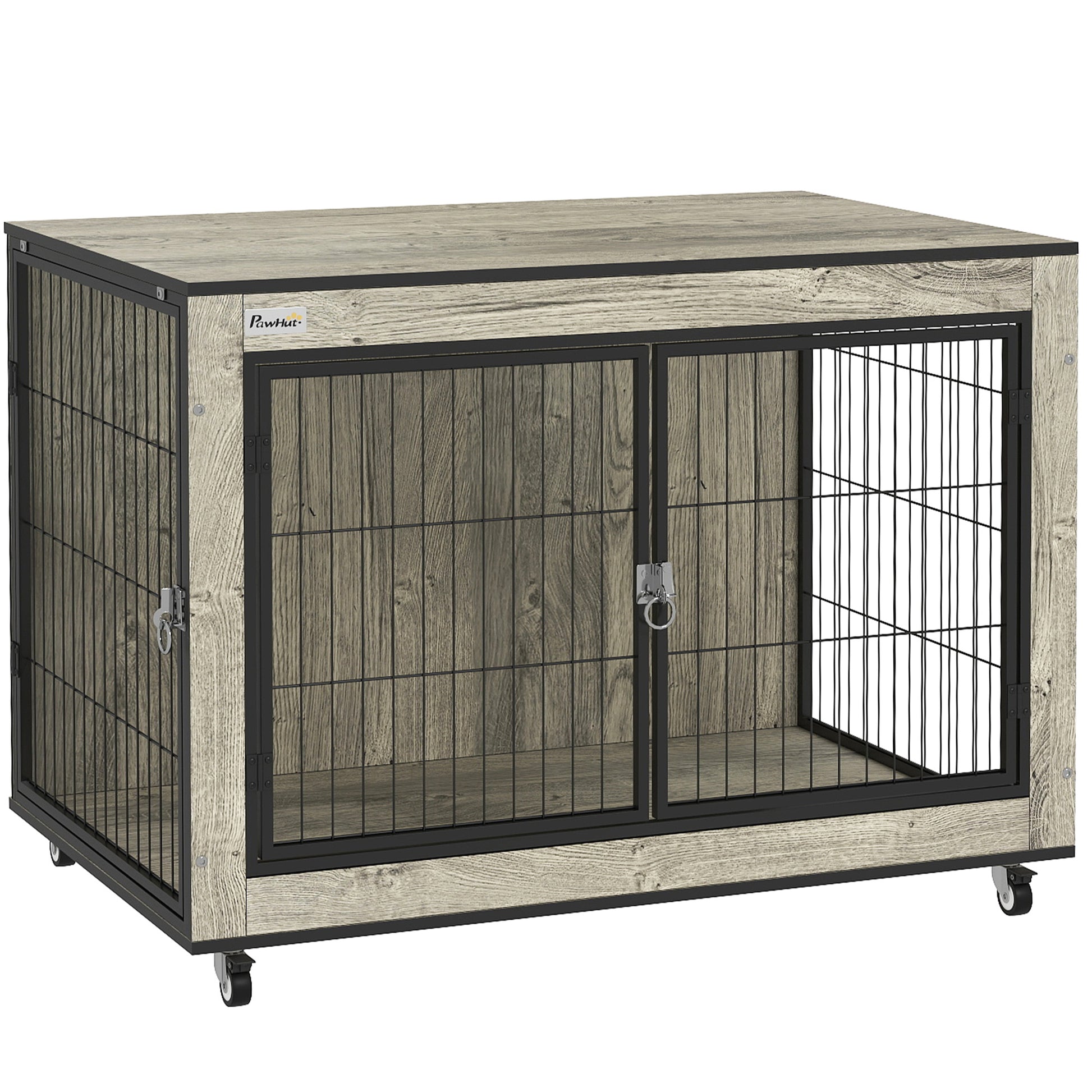 Photo of PawHut Dog Crate Furniture with Wheels, Double Doors, for Medium Dogs, Grey in Grey colour on a white background