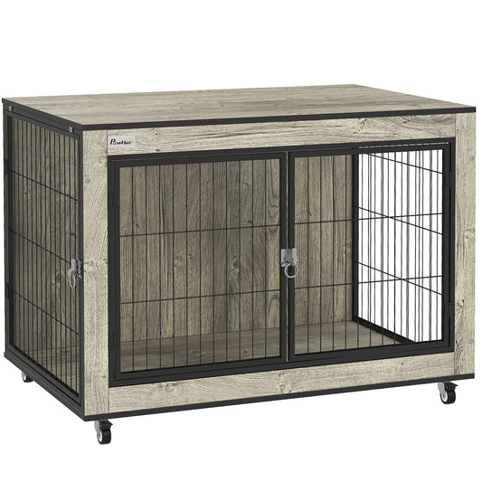 Photo of PawHut Dog Crate Furniture with Wheels, Double Doors, for Medium Dogs, Grey in Grey colour on a white background