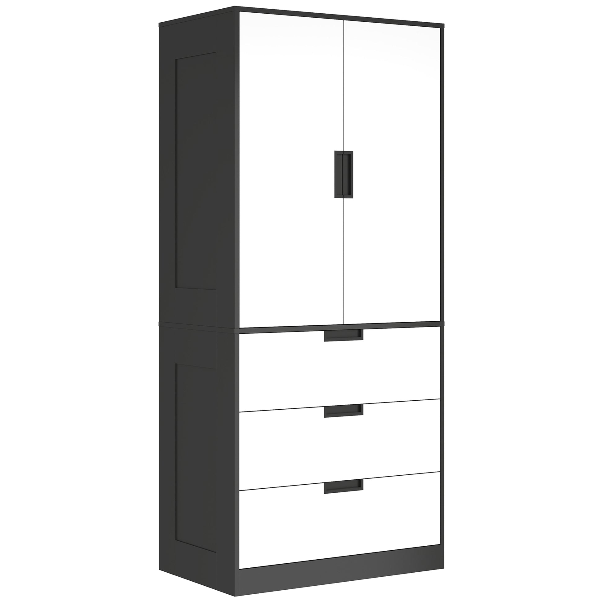 Photo of HOMCOM 2 Door Wardrobe, Modern Wardrobe with 3 Drawers and Hanging Rod for Bedroom, Black in Black colour on a white background