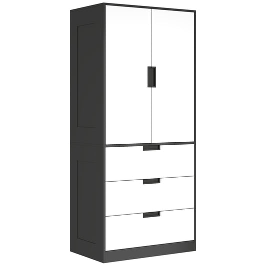 Photo of HOMCOM 2 Door Wardrobe, Modern Wardrobe with 3 Drawers and Hanging Rod for Bedroom, Black in Black colour on a white background